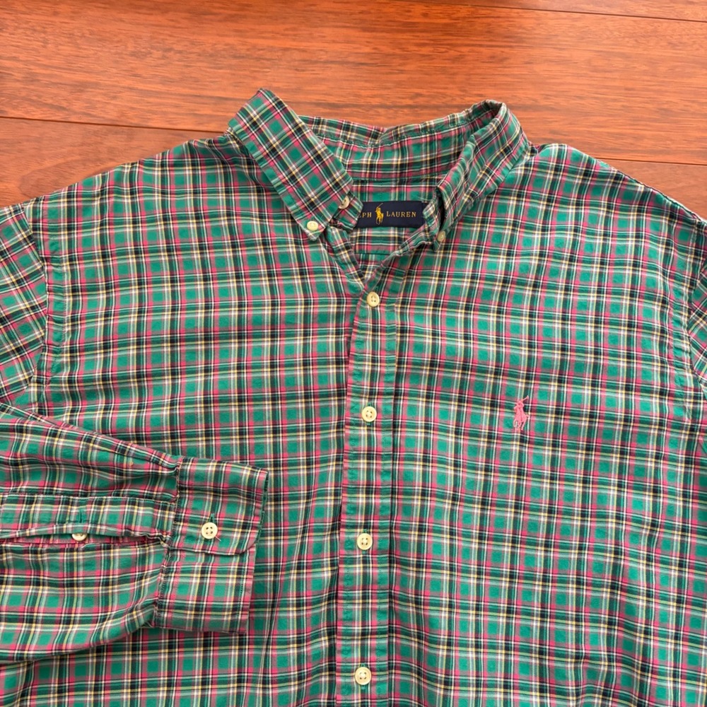 Ralph Lauren Mens XXL Green Pink Plaid Button Down Shirt Long Sleeve Pony Logo